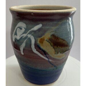 Handmade Pottery Vase Planter Abstract Glaze Blue & Burgundy Tones 7" Signed GT